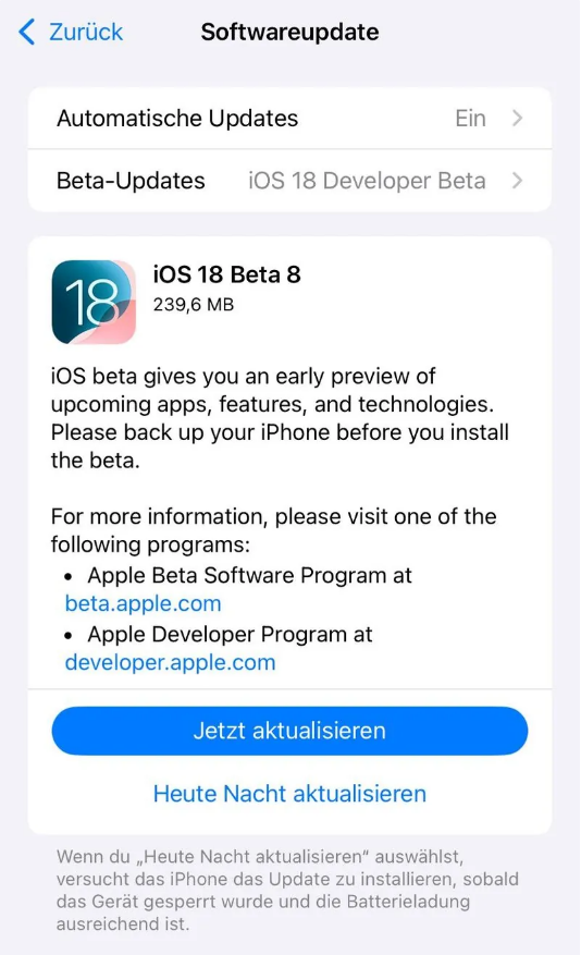 乌拉特前苹果手机维修分享苹果 iOS / iPadOS 18 开发者预览版 Beta 8 发布 